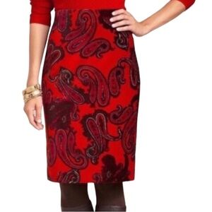 TALBOTS Orange Velvet Purple Paisley Pencil Midi Skirt Size 2